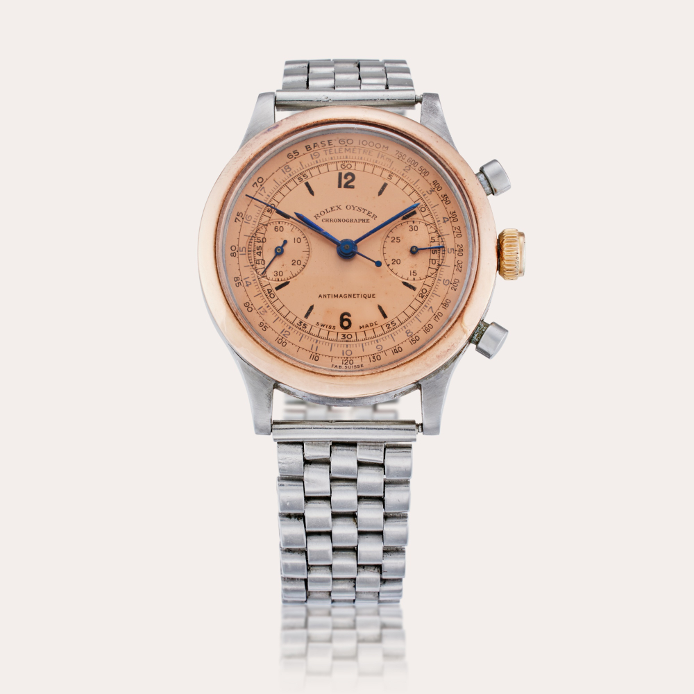 Rolex Reference 3525 'Monoblocco' | A pink gold and stainless steel chronograph wristwatch with bracelet, Circa 1939