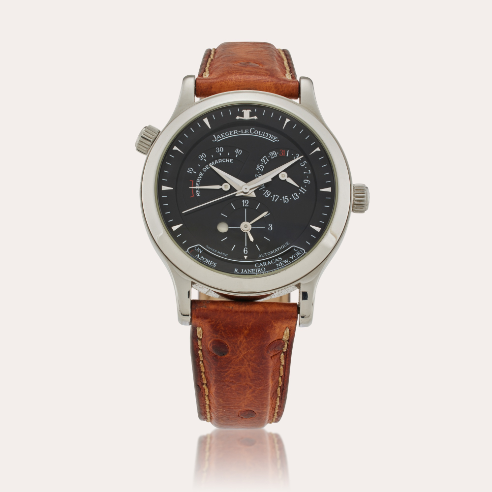 Jaeger-LeCoultre Reference 142.8.92.S Master Control Geographic | A stainless steel automatic world time wristwatch with date, day/night, and power reserve indication, Circa 2000