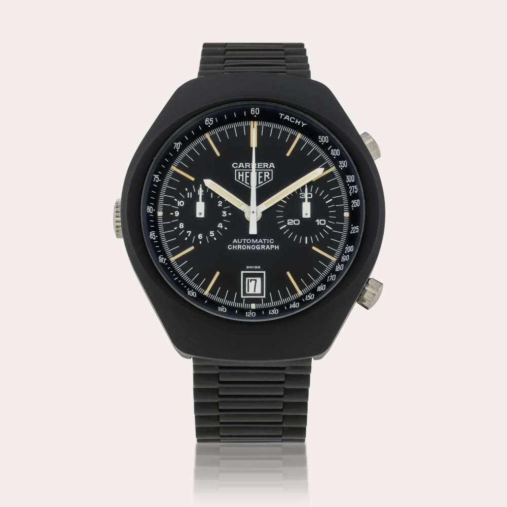 Heuer Reference 110.571 Carrera | A PVD-coated stainless steel chronograph wristwatch with date and bracelet, Circa 1980