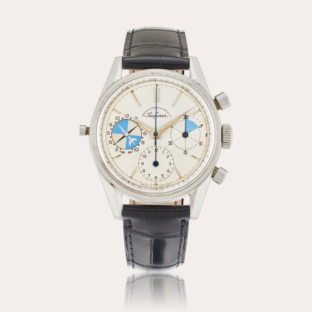 Heuer Reference 2447 Seafarer | Retailed by Abercrombie Fitch Co.: A stainless steel chronograph wristwatch with tide indicator, Circa 1965