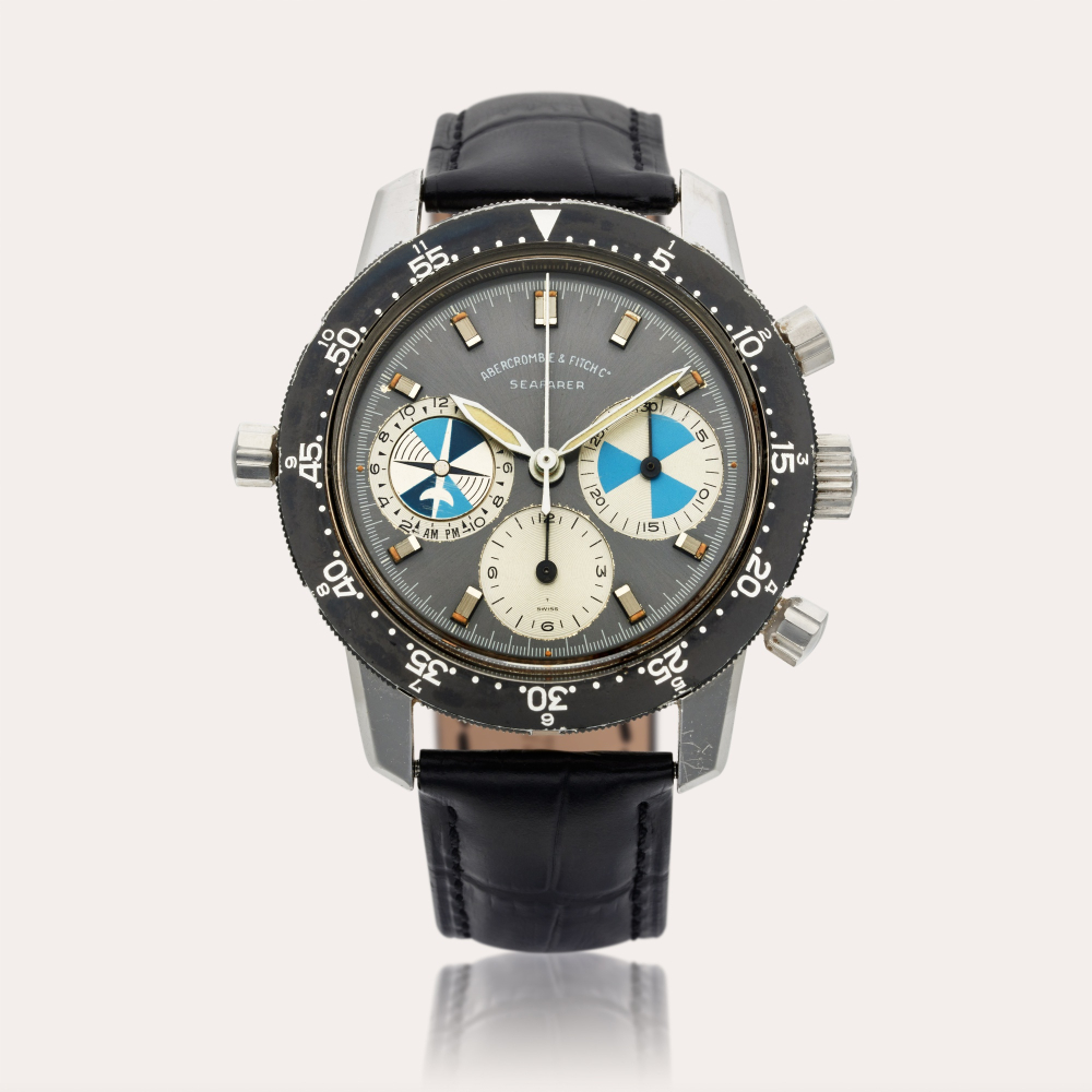 Heuer Reference 2446 SF Seafarer | Retailed by Abercrombie Fitch Co.: A stainless steel chronograph wristwatch with tide indication, Circa 1970