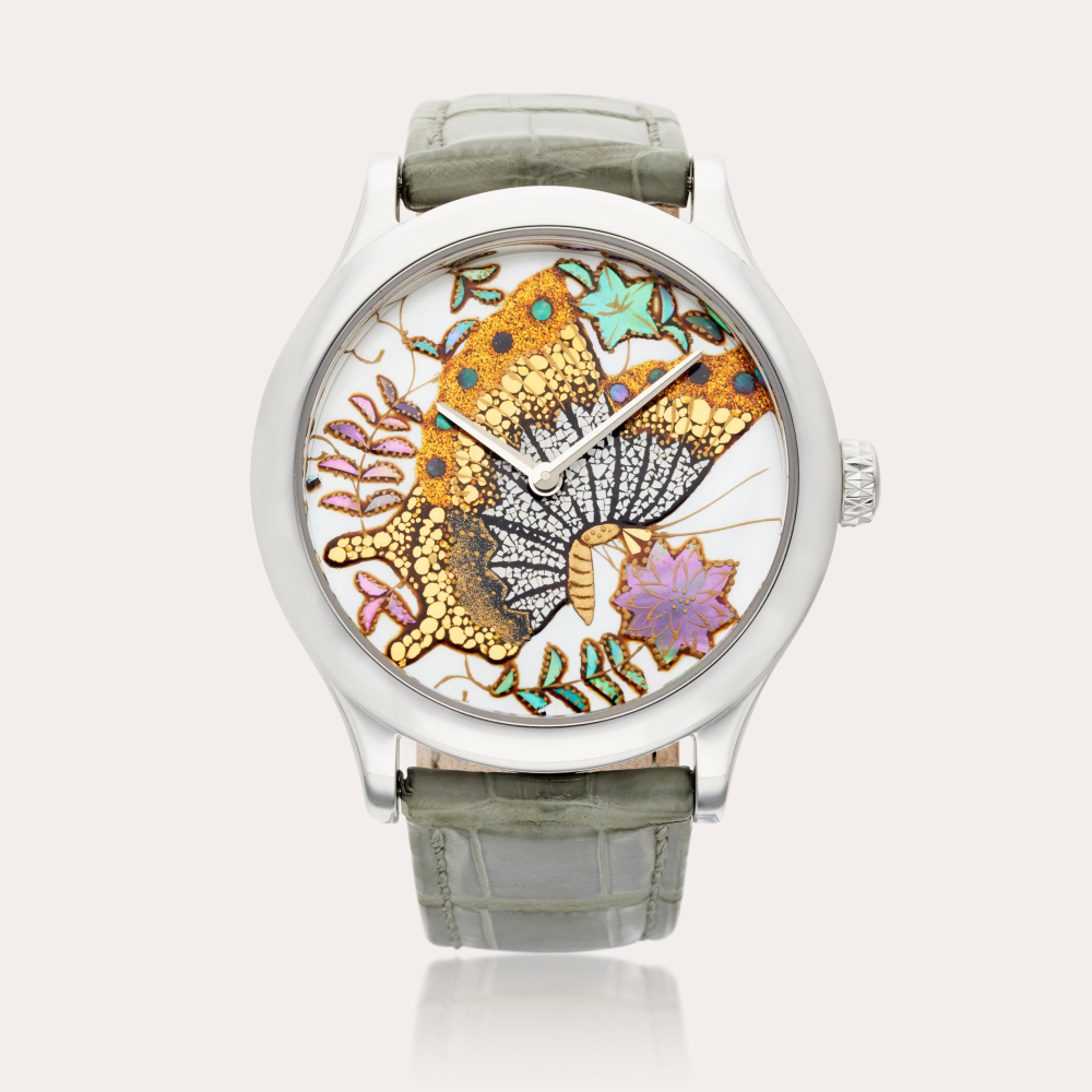 Van Cleef Arpels Midnight Extraordinary Japanese Lacquer | A limited edition white gold automatic wristwatch with mother-of-pearl and maki-e lacquer dial depicting a butterfly resting amongst flowers, Circa 2010