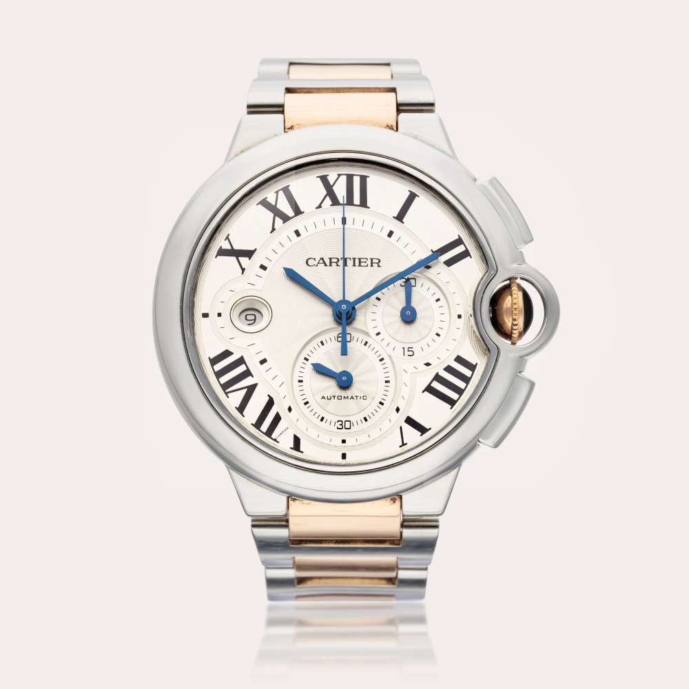 Cartier Reference 3109 Ballon Bleu | A pink gold and stainless steel automatic chronograph wristwatch with date and bracelet, Circa 2010