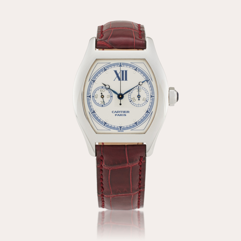 Cartier Reference 2396 Tortue Chronographe Monopoussoir | A white gold tonneau shaped single-button chronograph wristwatch, Circa 2000
