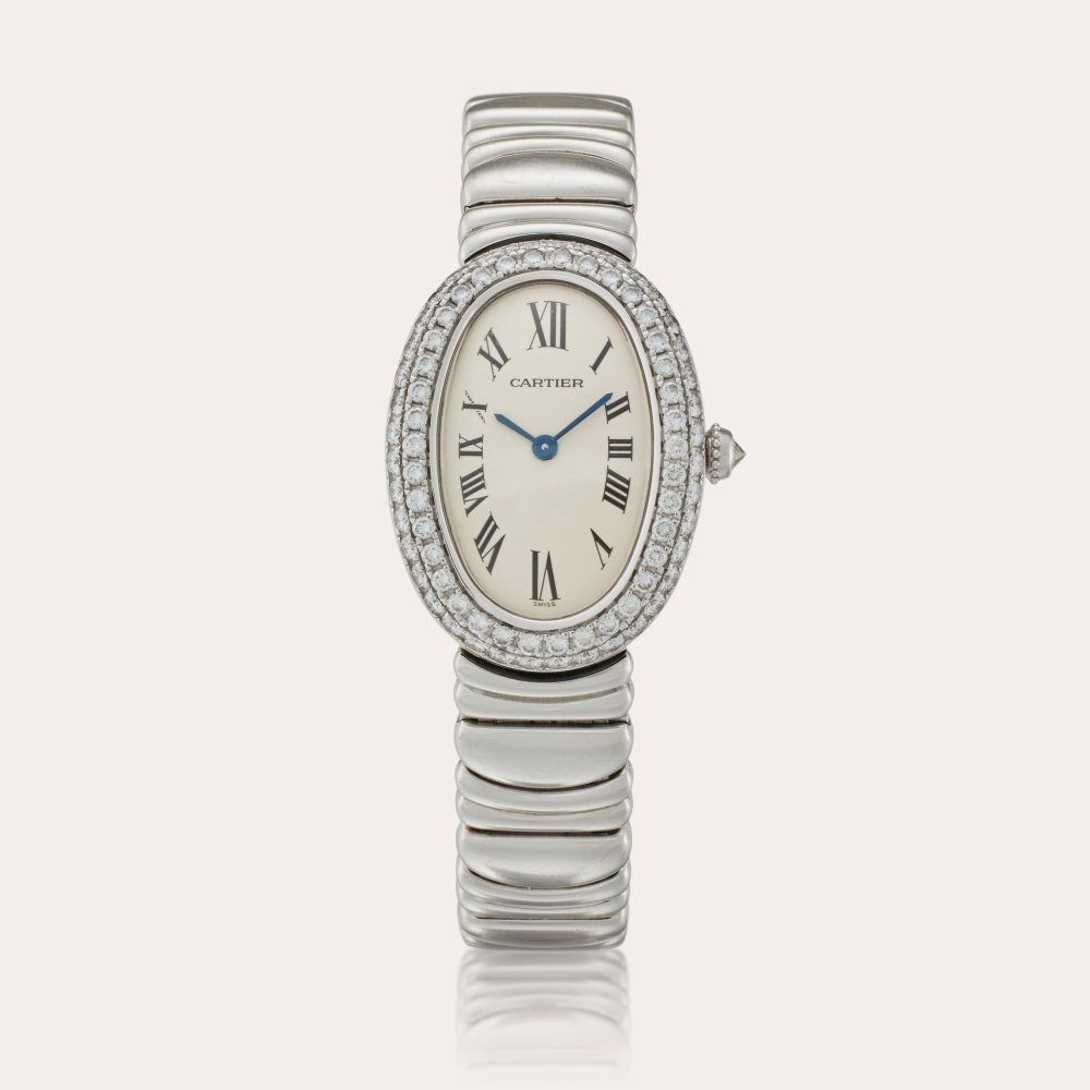 Cartier Reference 1955 Baignoire | A white gold and diamond-set oval wristwatch with bracelet, Circa 2005
