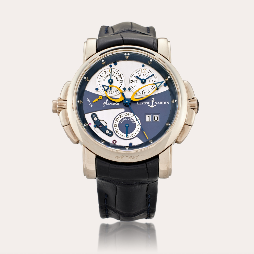 Ulysse Nardin Reference 670-88 Sonata | A white gold automatic dual time wristwatch with date, and alarm with countdown and on/off indications, Circa 2010