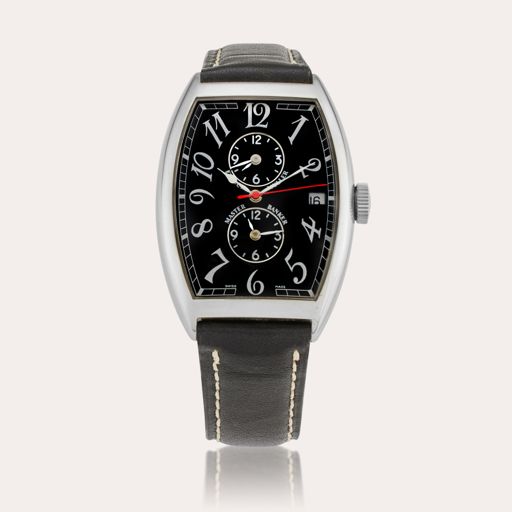Franck Muller Reference 6850 MB Master Banker | A stainless steel automatic tonneau-shaped triple time zone wristwatch with date, Circa 2000