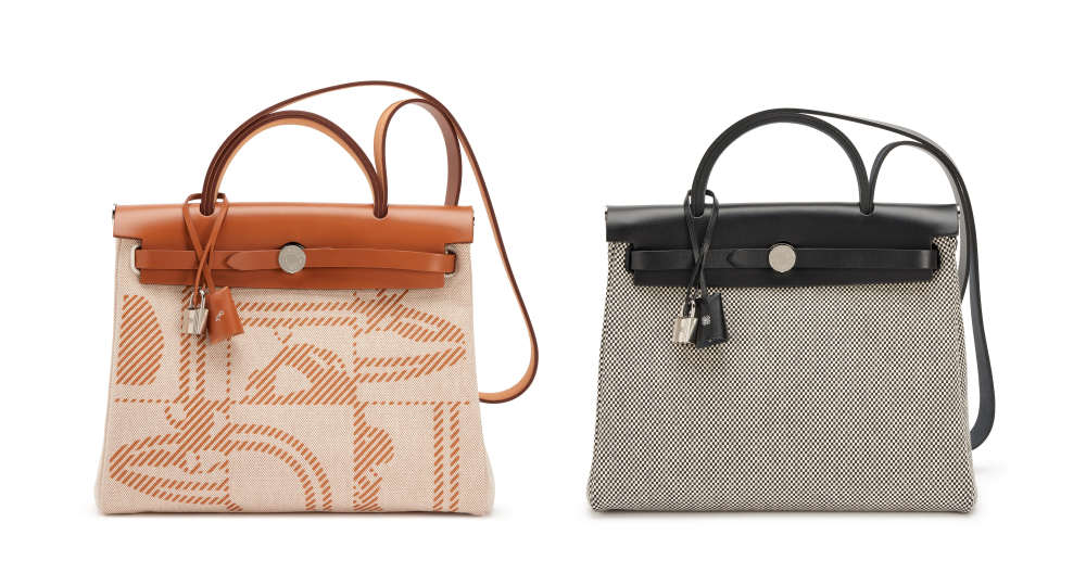 Hermès

Set of Two Gold Vache Hunter and Ecru Toile Brides de Gala HSS Herbag 31 Palladium Hardware, 2023 and Black Vache Hunter and Ecru Criss Viking Toile HSS Herbag Zip 31 Palladium Hardware, 2023