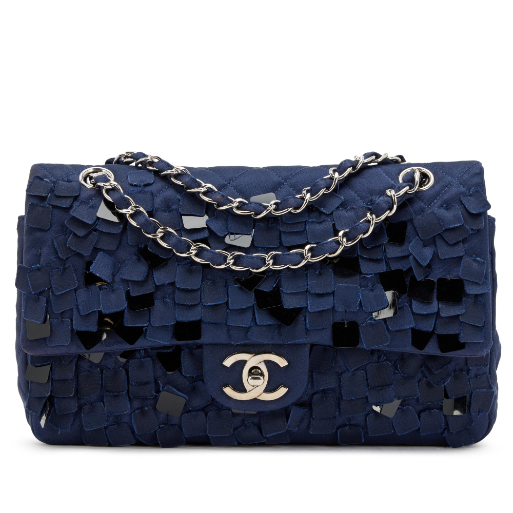 Chanel Navy Silk Paillettes Timeless Classic Medium Double Flap Silver Hardware, 2006-2008