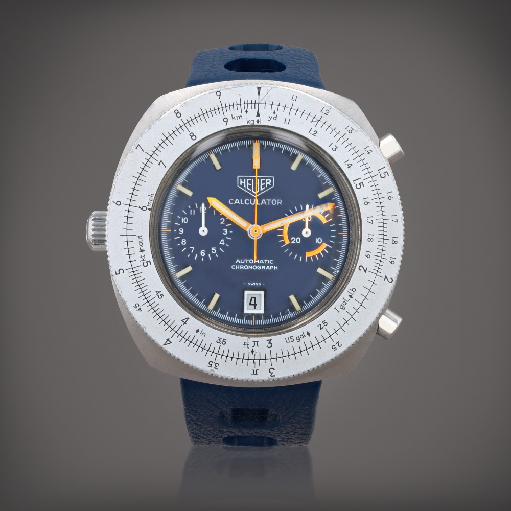 Calculator, reference 110.633 Montre bracelet chronographe en acier avec date | Stainless steel chronograph wristwatch with date Vers 1970 | Circa 1970
