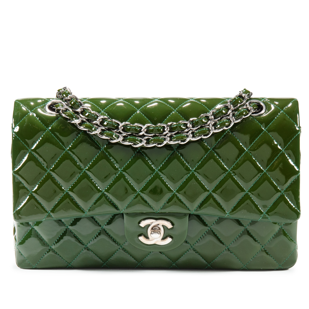 Chanel
Green Quilted Patent Leather Timeless Classic Medium Double Flap Silver Hardware, 2011