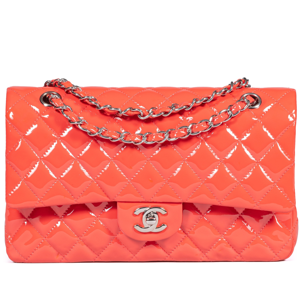 Chanel
Coral Quilted Patent Leather Timeless Classic Medium Double Flap Silver Hardware, 2012