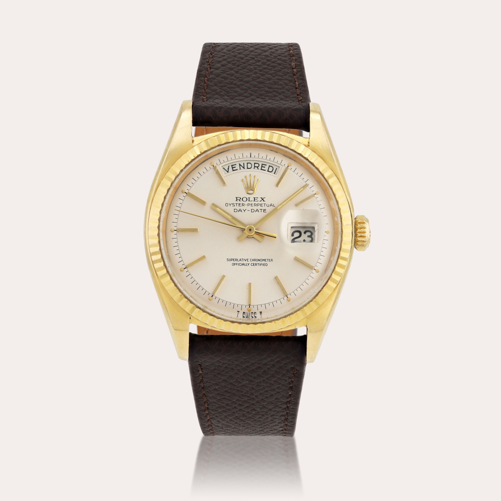 RolexDay-Date 'pie pan', reference 1803 Montre bracelet en or jaune avec jour et date | Yellow gold wristwatch with day and date Vers 1967 | Circa 1967
