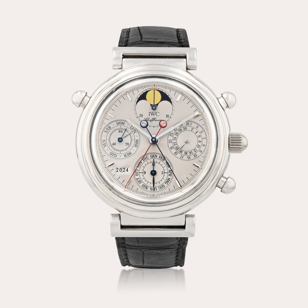 IWCDa Vinci, limited edition, reference 3751 Montre bracelet chronographe à rattrapante et quantième perpétuel en platine avec phases de lune | Platinum split-second chronograph and perpetual calendar wristwatch with moon phases Vers 1995 | Circa 1995