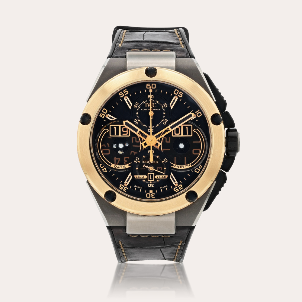 IWCIngenieur, reference IW379203, limited edition Montre bracelet chronographe avec retour en vol en or rose et titane avec quantième perpétuel digital | Pink gold and titanium flyback chronograph wristwatch with digital perpetual calendar Vers 2015 | C