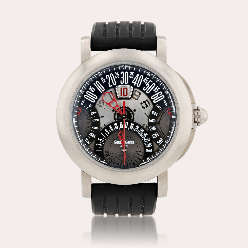 Gérald GentaArena Chronograph, reference ABC.Y.80 Montre bracelet chronographe retrograde en titane avec heure sautante, minute retrograde et date | Titanium retrograde chronograph wristwatch with jump hour, retrograde minute and date Vers 2007 | Circa 2