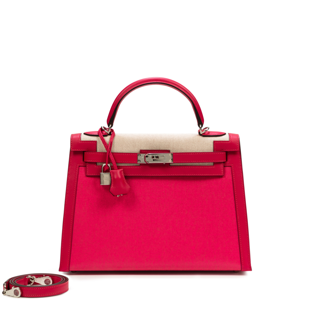 Hermès  Limited Edition Framboise Swift And Berline Toile Kelly 32 Sellier Palladium Hardware, 2021