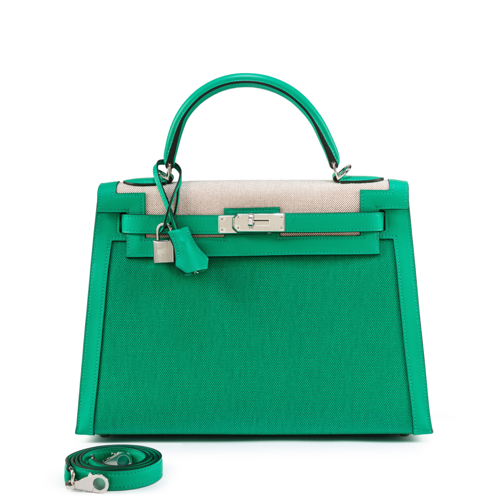 Hermès  Limited Edition Menthe Swift And Toile Berline Kelly 32 Sellier Palladium Hardware, 2021