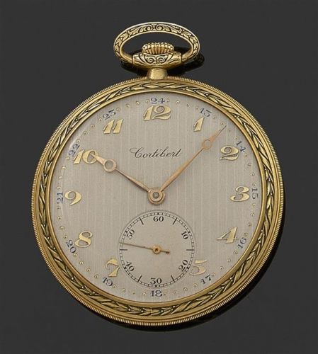 CORTEBERT. XIXème siècle. Montre de poche en or jaune. Cadran argenté orné de bandes verticales avec index chiffres Breguet appliqués, cadran auxiliaire pour la petite seconde à 6h, graduation 24h et aiguilles Breguet. Mouvement mécanique, échappement à a