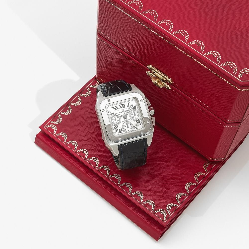 CARTIER SANTOS 100 CHRONOGRAPHE. RÉF. 2740 A large stainless steel self winding chronograph by Cartier, circa 2008. With box, certif...