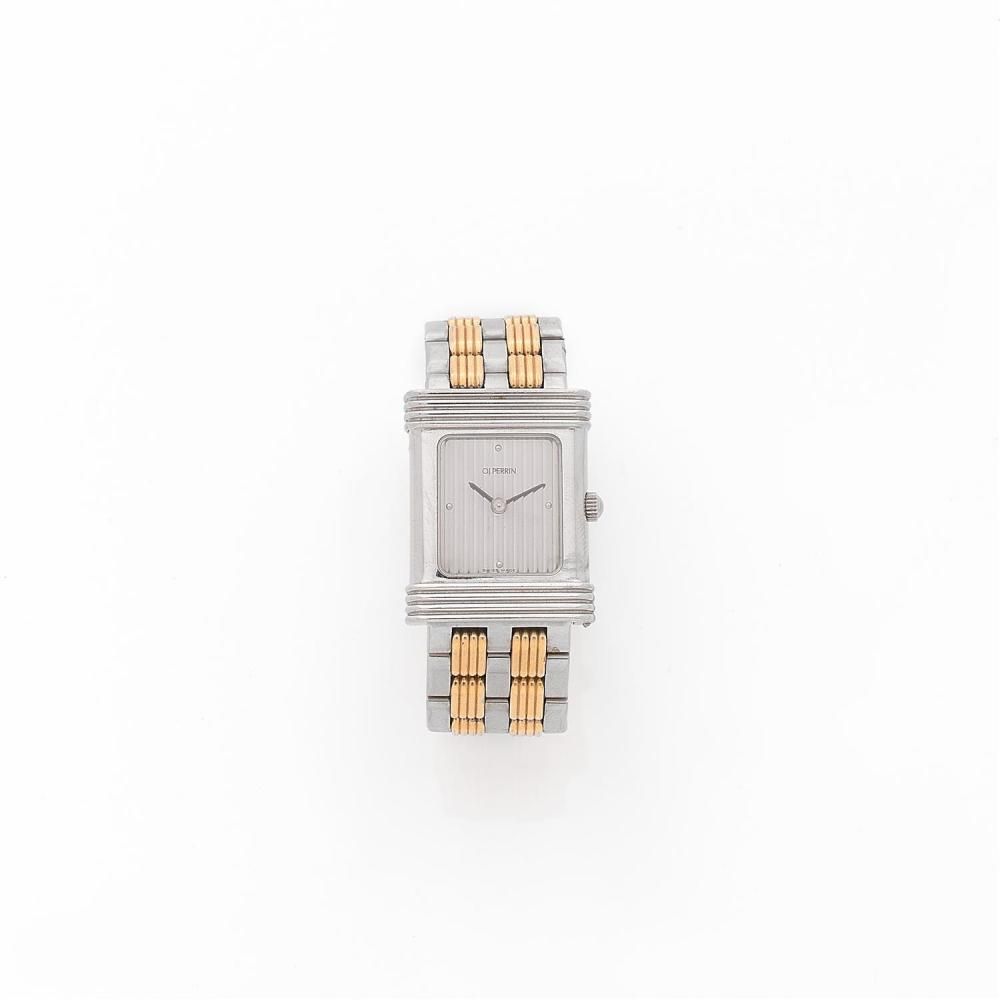O.J. PERRIN Montre bracelet de dame en acier et métal doré. BOÎTIER: rectangulaire en acier à attache coulissante. CADRAN: argenté...