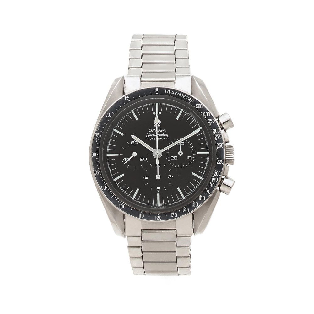OMEGA SPEEDMASTER PRE-MOON. RÉF. ST 145012-67. A stainless steel manual winding chronograph by Omega with service dial. Circa 1967.