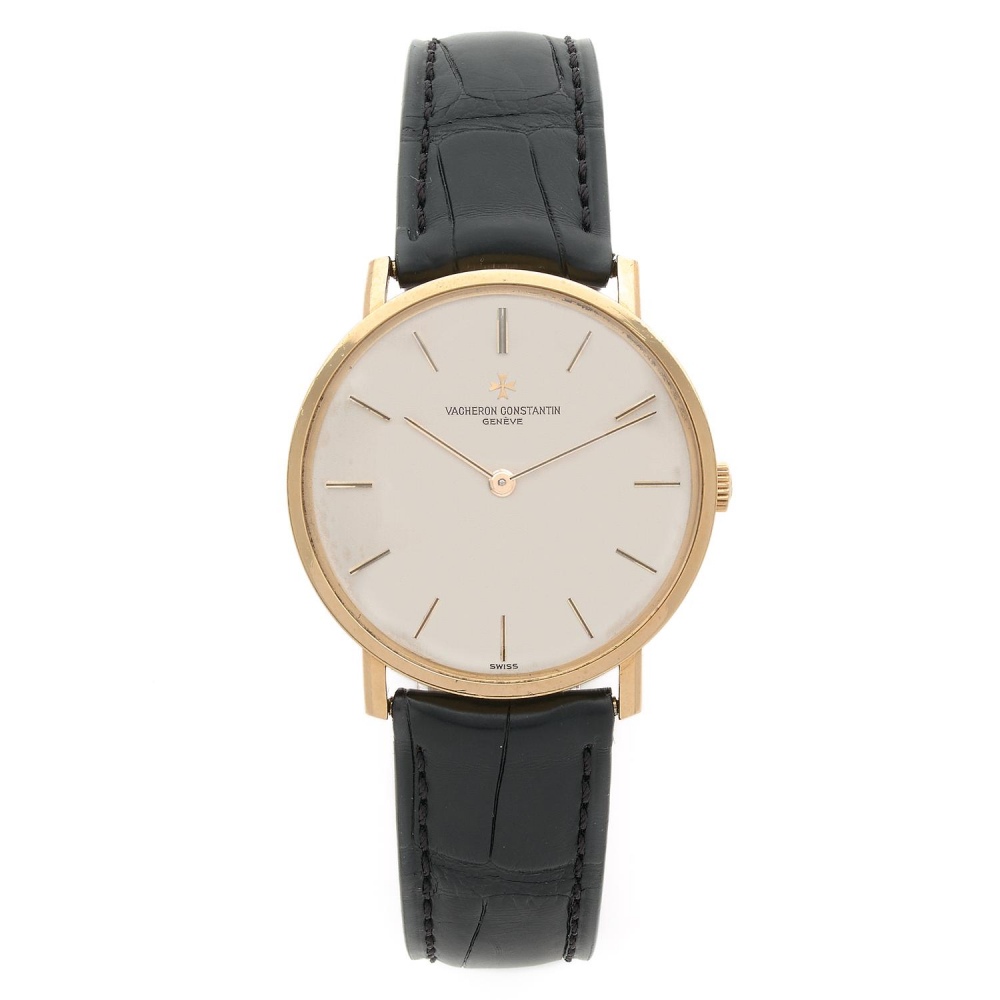 VACHERON CONSTANTIN PATRIMONY. REF. 39009. ANNEES 60 Montre bracelet en or jaune 18K sur cuir. BOITIER: rond à anses droites et fon...