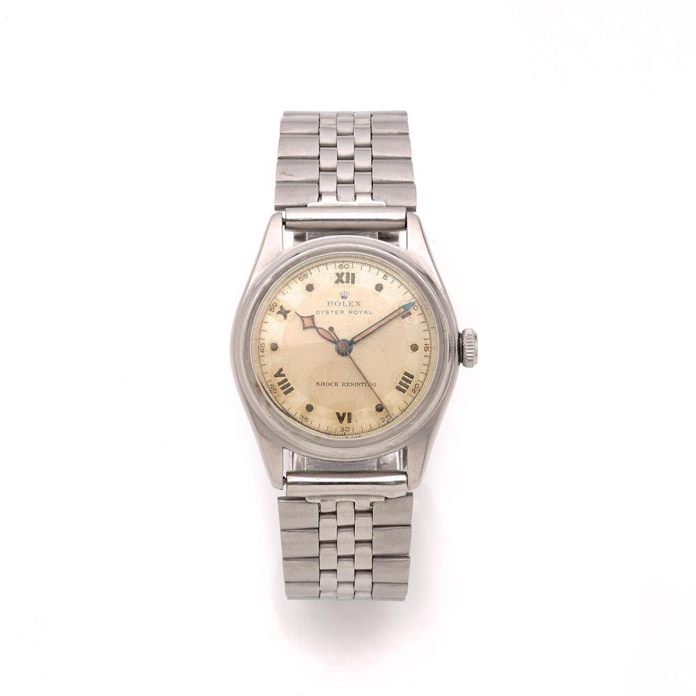 ROLEX OYSTER ROYAL. SHOCK RESISTING. REF. 4444. A stainless steel manual winding wristwatch by Rolex, circa 1947.