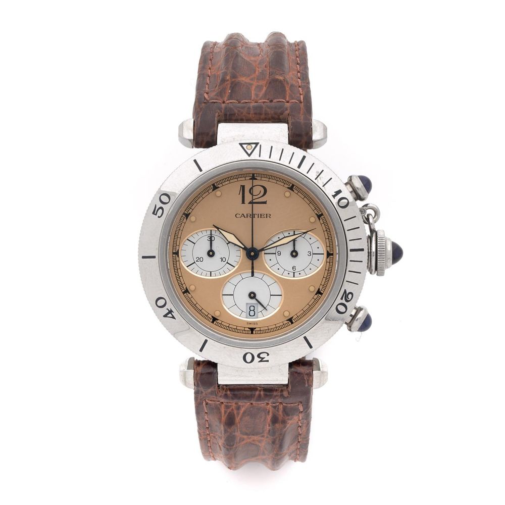 CARTIER PASHA. REF. 1050 1. A stainless steel quartz chronograph by Cartier.