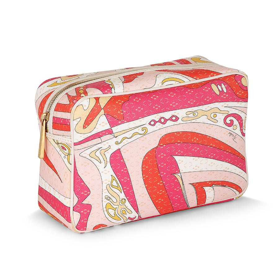 Emilio PUCCI, Trousse de toilette en toile enduite multicolore Intérieur en vinyle rose Très bon état Haut.: 16 cm - Larg.: 23 cm...