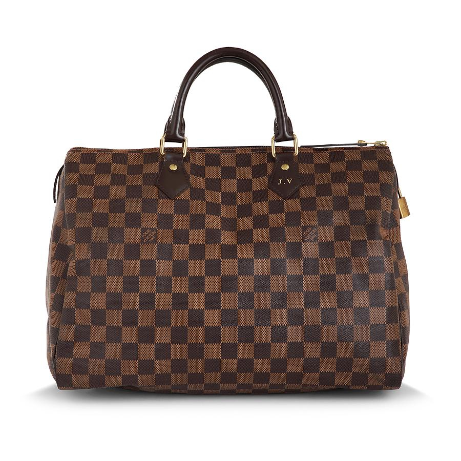 Louis VUITTON, Sac Speedy 35 cm en toile enduite damier et cuir marron Intérieur en tissu rouge Avec son coffret Haut.: 29 cm - Lar...