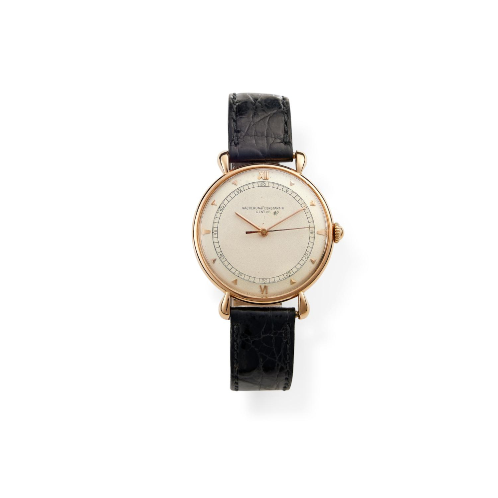 VACHERON CONSTANTIN ANNEES 40 CIRCA 1945-1950 Montre Bracelet En Or Rose 18K Sur Cuir. BOITIER : Rond, Anses 'Gouttes D'eau'...
