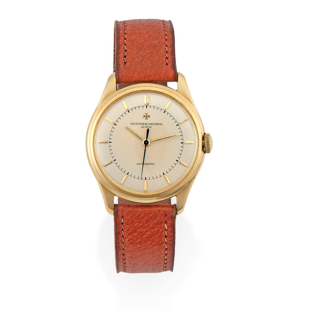 VACHERON CONSTANTIN CIRCA 1950 Montre Bracelet En Or Jaune 18K Sur Cuir. BOITIER : Rond, Fond Vissé. CADRAN : Argenté, Index...